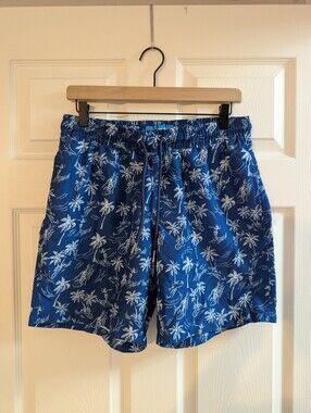 Men's Blue Wave 30" Palm-Print Swim Shorts Unlined Mesh Pockets‎ 6.5" Length